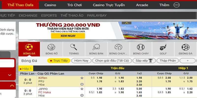 Dafabet Sports cung cấp đa dạng tỷ lệ kèo